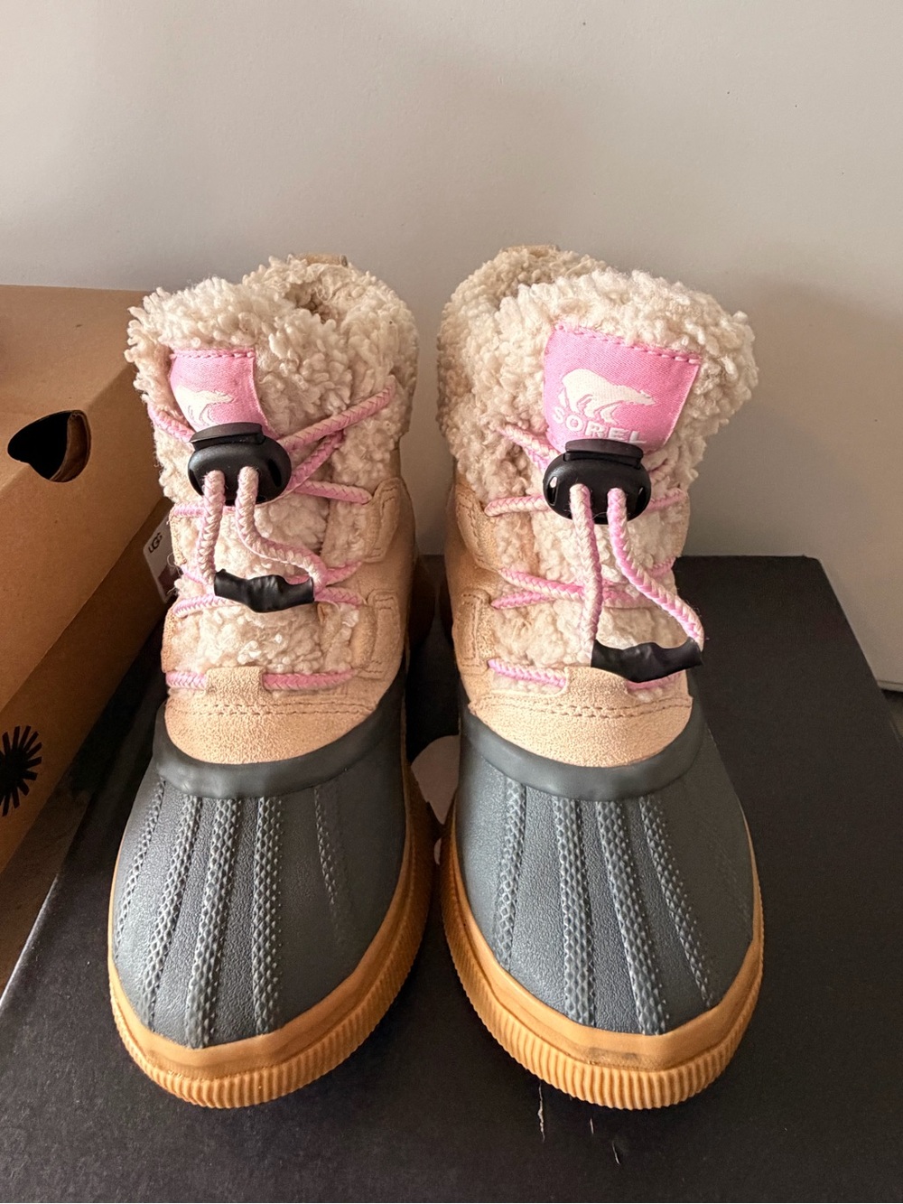 Sorel Kids Cozy Winter Duck Boots in Cream, Pink & Gray